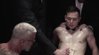 Appealing young fellow overwhelmed by three horny daddies