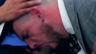 Muscle head leader has his dick sucked prior to fucking his man