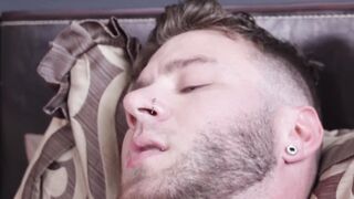 Tattooed bearded hunk strokes his huge rock hard dick