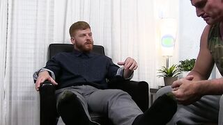 Redhead jerks off and enjoys some amazing toe sucking action