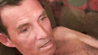 Mature homo strips down and jerks off before coming hard