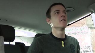 Young British jock blowing big cock in car threeway
