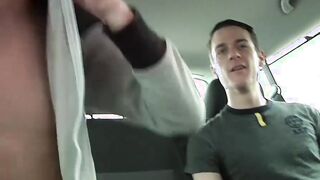 Young British jock blowing big cock in car threeway
