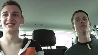 Young British jock blowing big cock in car threeway