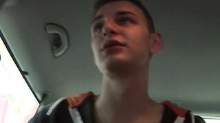 Young British jock blowing big cock in car threeway