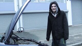 Young gay spitroasted in threeway after picked up by car