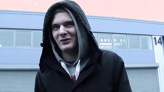 Young gay spitroasted in threeway after picked up by car