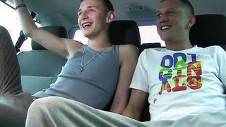 Young gay spitroasted in threeway after picked up by car
