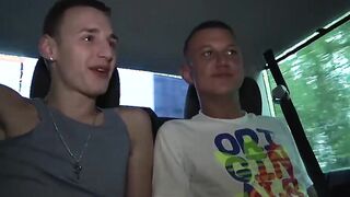 Young gay spitroasted in threeway after picked up by car