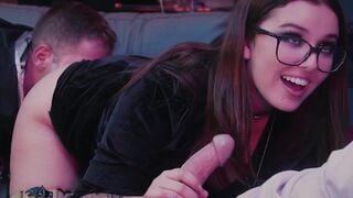 Seductive witch helps two cocks to unload