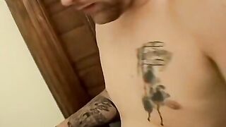 Tattooed young straight thug solo strokes his cock and cums