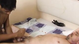Young Asian homo makes daddy hard and strokes his cock