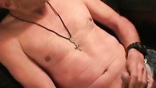 Old man tries anal play while jerking off his massive dick