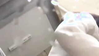 Perfect Oriental minx spilling pee on flight of stairs