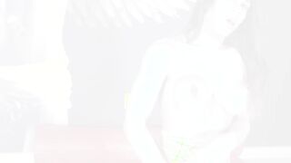Tattooed shemale wears sexy stockings while jerking off solo