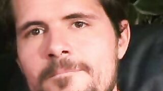 Hairy mature guy pulls out his dick on the sofa and comes