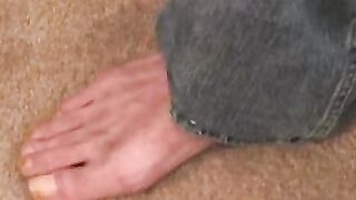 Hairy mature guy pulls out his dick on the sofa and comes