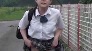 Japan schoolgirl soaks her panties up with pee outdoors
