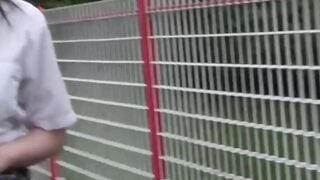 Japan schoolgirl soaks her panties up with pee outdoors