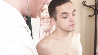 Dainty gay high schooler is bored crude from the rear in the workplace