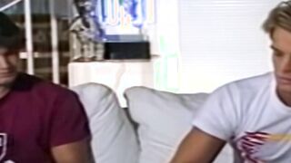 Longhaired studs groan while kissing and having kinky jerk off