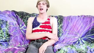 Lively blonde twink Kyler Hodes wanks his dick for the fellows