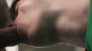 Thin twink offers his butt to more established gay for without any protection fuck