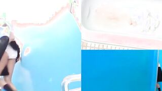 Three fiendish Japanese school  peeing together in latrine