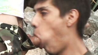 Latinos Alejo and Antonio bareback outdoors after blowjob