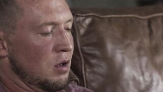 Blonde ladyboy rides Pierce Paris big cock on couch