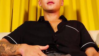 Tattooed slutty gaysian wanking and playing with ass solo