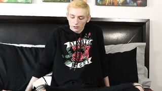 Interviewed twink Justin Stone oils up dildo after jerk off