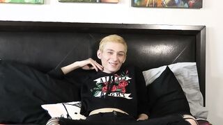 Interviewed twink Justin Stone oils up dildo after jerk off