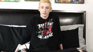 Interviewed twink Justin Stone oils up dildo after jerk off