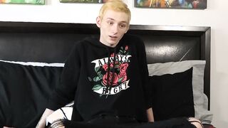 Interviewed twink Justin Stone oils up dildo after jerk off