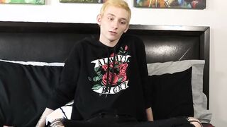 Interviewed twink Justin Stone oils up dildo after jerk off