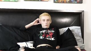 Interviewed twink Justin Stone oils up dildo after jerk off