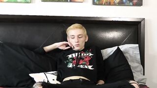 Interviewed twink Justin Stone oils up dildo after jerk off