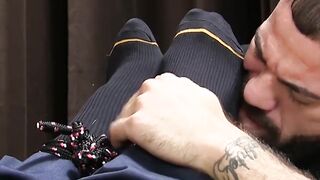 Tied up hunk Joey J has feet licked vigorously by fetishist