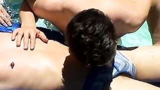 Three guys blowing hard cocks and pounding hole by the pool
