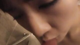 Japanese babe with natural tits receives warn mouth creampie
