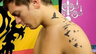 Young passionate threesome of gay Jasper Robinson spit roast