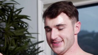 Two young gay jocks passionately kiss and bareback fuck