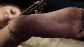 Gagged babe tormented in suspension on hogtied