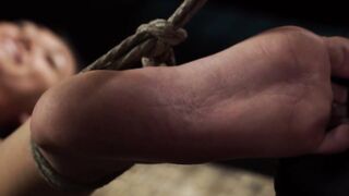 Gagged babe tormented in suspension on hogtied