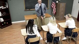 Big dick sharing foursome in the classroom