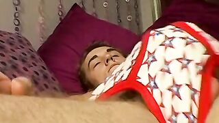 Horny twink rubbing his massive dick over his wet underwear