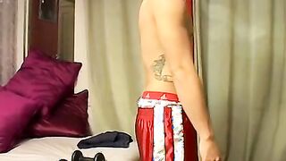 Horny twink rubbing his massive dick over his wet underwear