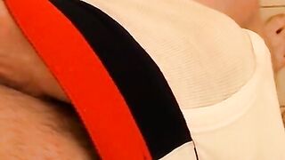 Horny guy wanking his big cock under his sweet underwear