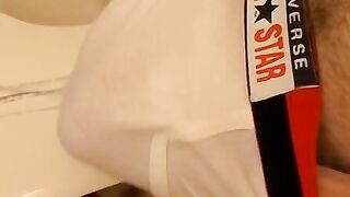 Horny guy wanking his big cock under his sweet underwear